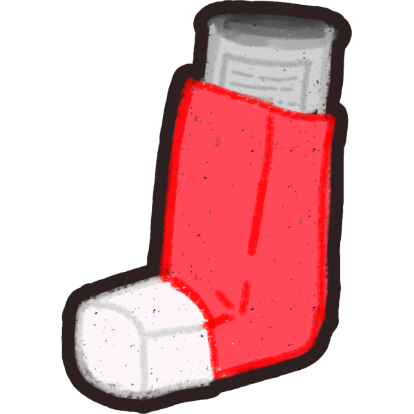 an illustration of a red inhaler with a white base and a grayish white top. 